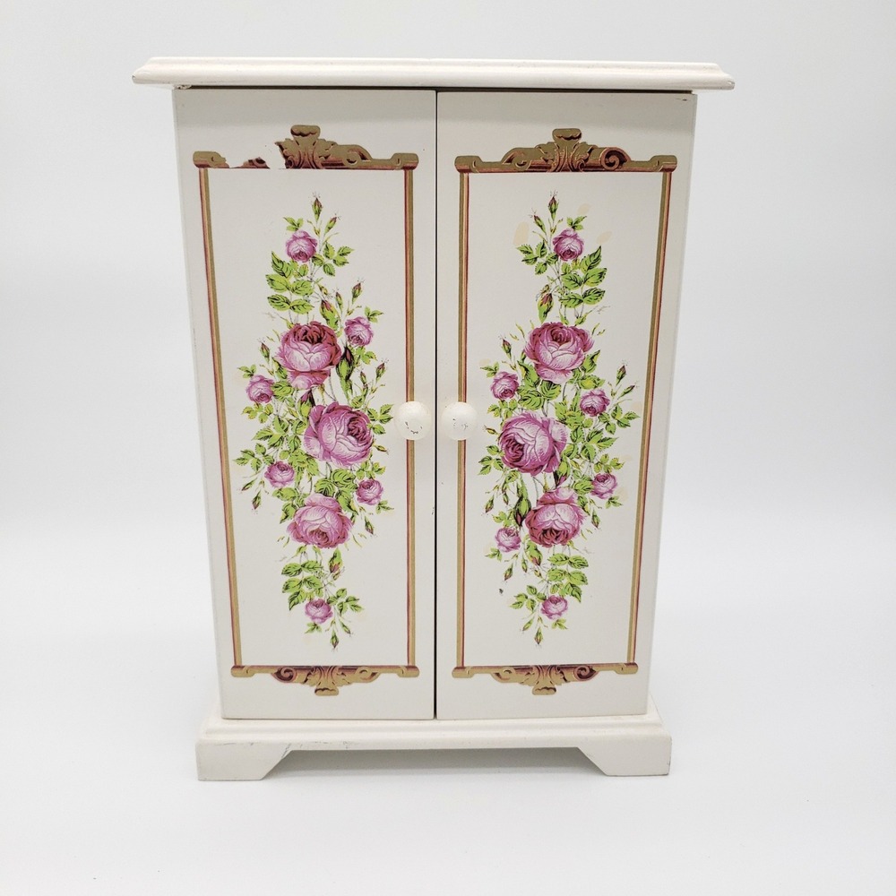Vintage Shabby Chic White Floral Jewelry Armoire Rose Trinket Box Organizer